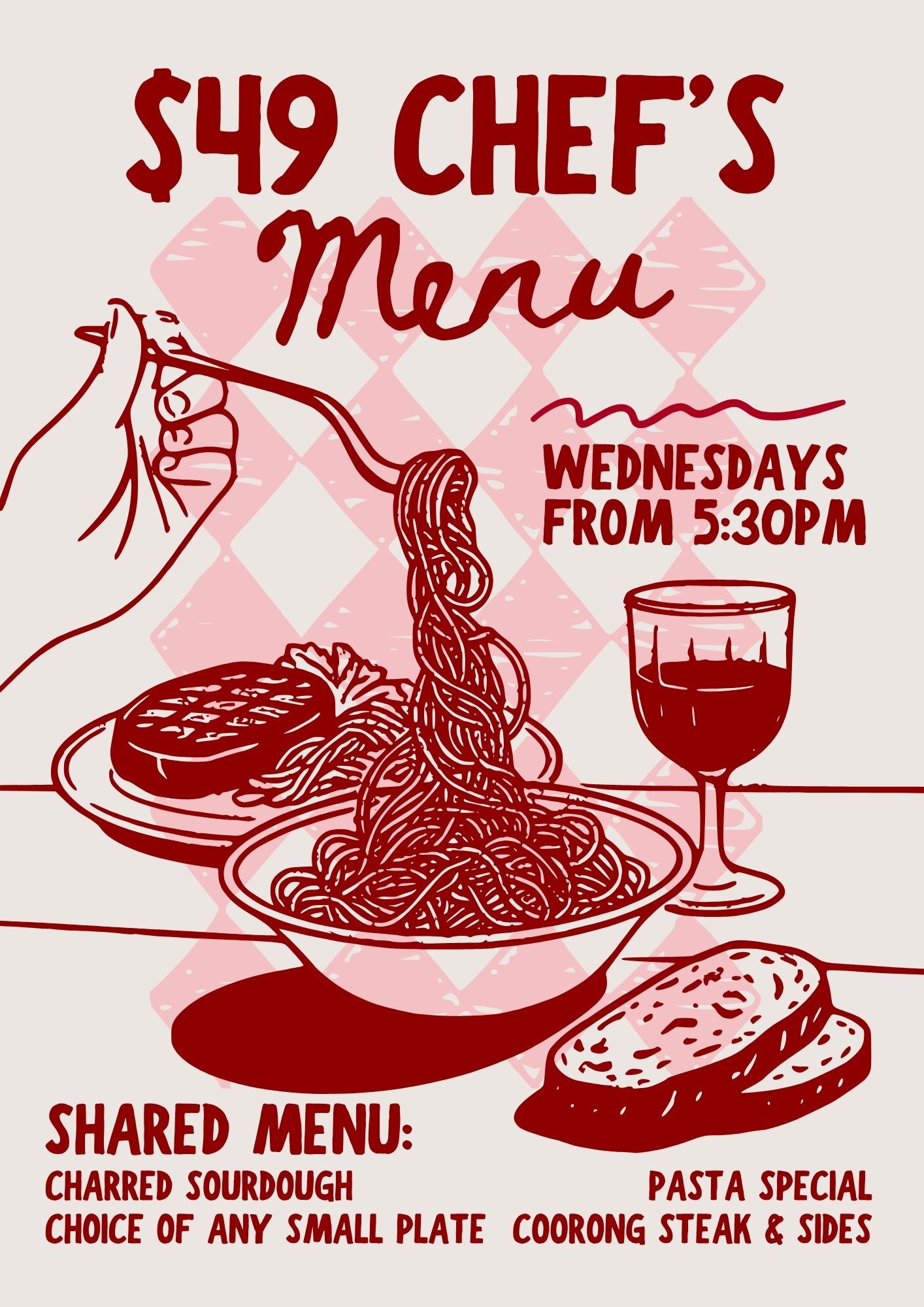 $49 Chefs Menu Wednesday Night